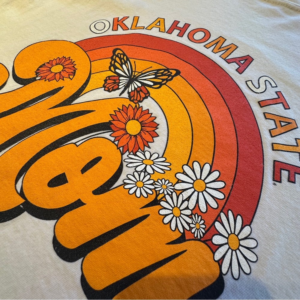 Oklahoma State Mom tee shirt flower power orange print cream short sleeve M - Picture 6 of 9